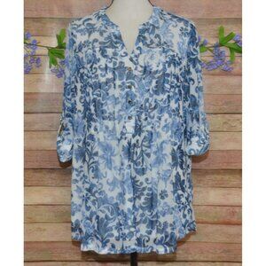 Cocomo Womens Blue Tunic Top Plus 2X Pleated Roll Tab Sleeve Flowy Coastal Lined